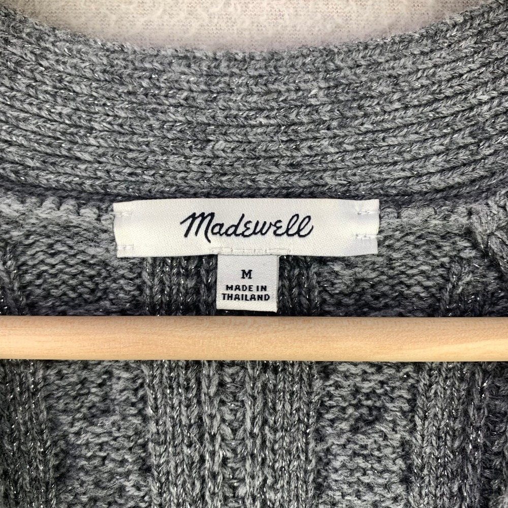 Madewell Cableknit Cardigan Sweater Women M Gray Cropped V-Neck Wool Metallic - Picture 4 of 11